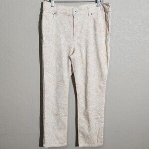 Chicos Platinum Denim Pants Womens  Size 1.5 M Lace Cream Pattern Ultimate Fit